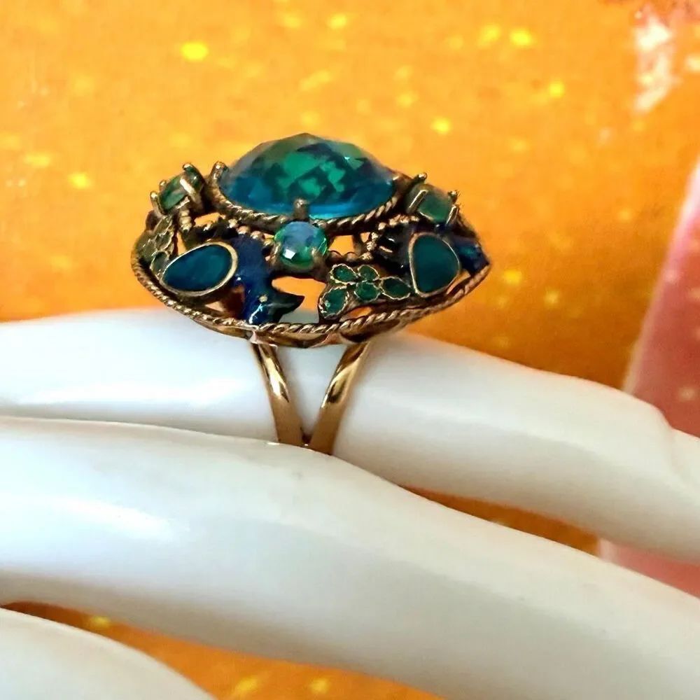 Sajen Peacock Dome Ring Bronze Blue Enamel Crystal Statement Ring - Picture 2 of 13